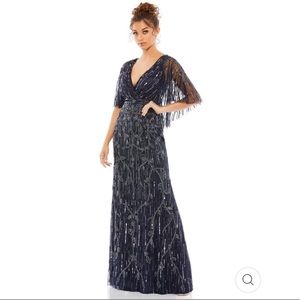 Mac Duggal Embellished Cap Sleeve‎ Faux Wrap Trumpet Gown Style 9064 Midnight 14